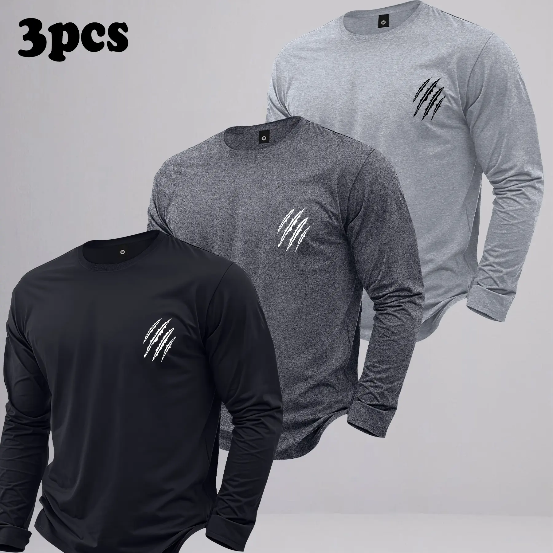 Men’s fashion 3-piece set: long-sleeve T-shirts with trendy, unique prints-men’s tops suitable for all seasons.Sports T-shirts ideal for outdoor activities and athletic wear.A stylish long T-shirt, a top choice for gifting to a boyfriend.