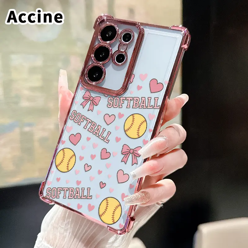 Compatible with Samsung Galaxy S26 Ultra S24 Plus S25 S22+ FE Edge Softball Love Flair Pattern Phone Case Electroplated Cover with Airbag Shockproof Soft Silicone Casing