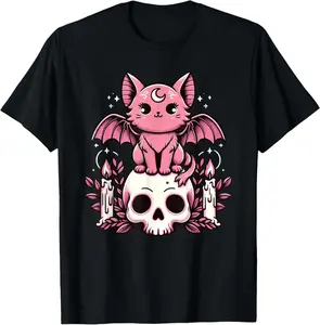 100% Cotton Kawaii Pastel Goth Cute Creepy Cat Bat Skeleton T-Shirt