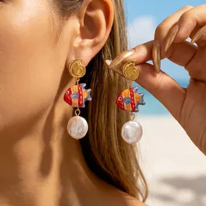 Summer Beach Tropical Ceramic Fish Earrings For Women Gold Plated Metal Conch S Baroque Pearl Dangle Earring Party Jewelry