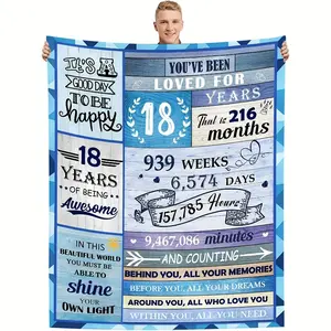 Happy 18th Birthday Blue Flannel Blanket Ultra Soft Cozy Warm Bedroom Couch Sofa Nap Throw Decor Decorative Throw Perfect Birthday Gift Christmas Gift for Teen Girls Boys Adults Coming Of Age Celebration Style