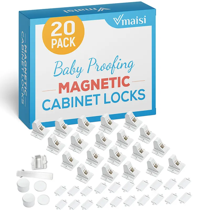 Vmaisi Magnetic Baby Proofing Cabinet Locks, 20-Pack with 2 Keys, Adhesive Easy Installation, Invisible Hidden Mount, Key-Controlled, 2in Door Fit, Extra-Strong for Kitchen Drawers & Cabinets Kids Safety