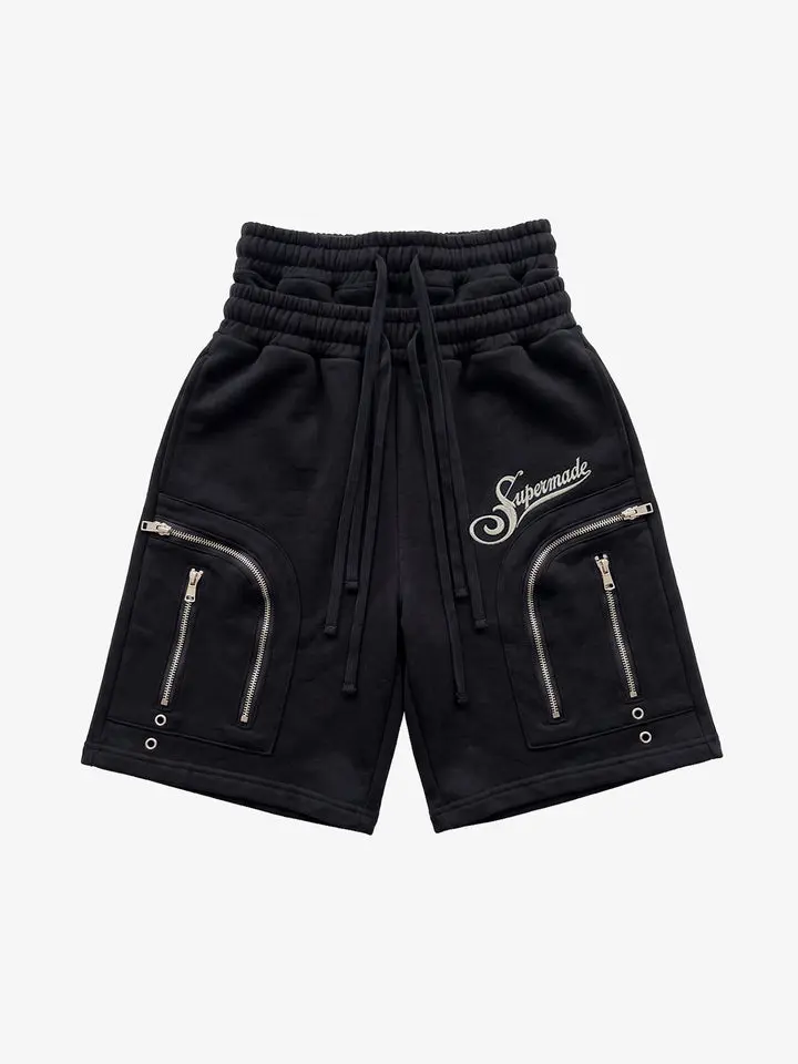 Thesupermade Double Waist Cargo Shorts | Distressed Fleece Zipper Pocket Grommet Streetwear Short Men Women