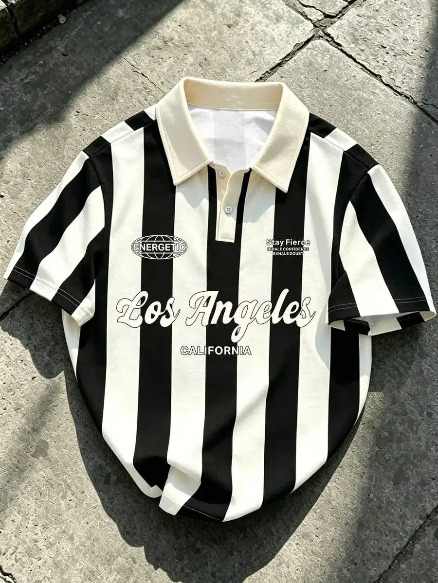 Unisex Luxury Black & White Vertical Stripe Polo Jersey – Soft Breathable Woven Fabric, Cursive Los Angeles Embroidery, Classic Retro Streetwear, Premium Gift for Husband & Best Friend