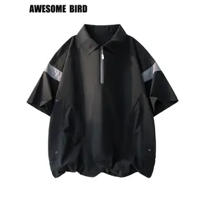American Contrast Collar Polo Shirt Men'S Summer Lightweight Breathable Half-Zipper Short Sleeve Top Patchwork T-Shirt