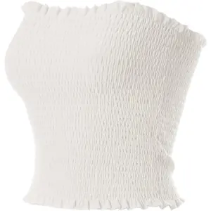 Women's Ruffled Smocking Crop Tube Tops Summer Casual Bandeau Top Basic Womenswear Smocked Bridal Minimalist Short Sleeveless