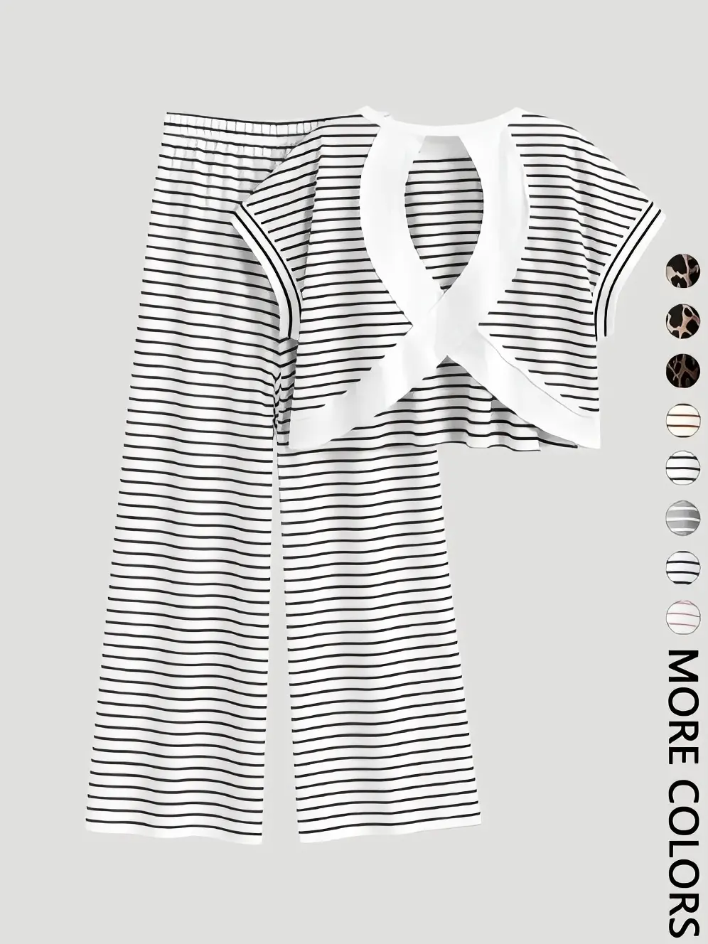 2-Piece Black & White Stripe Cross Back Crop Top & Wide Leg Pants Set - Soft Loungewear & Casual Outfit for Home and Daily Wear , Striped Cutout Top & Pants Matching Set - Ideal for Lounging, Casual Outings, and Brunch