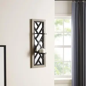 HomeRoots 608437 24 in. Black Distressed Mirrored Metal Glass & Solid Wood Wall Sconce Candle Holder