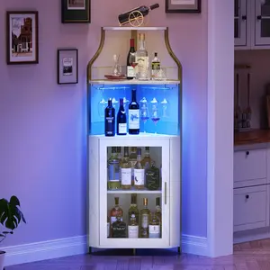Garvee Corner Bar Wine Cabinet with LED Lights, 5-Tier Industrial Style, Glass Holder, Adjustable Shelf, Mesh Door, Modern Home Bar Cabinet in Gold Finish
