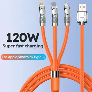 3 in 1 USB Cable 6A 120W  USB Cable  Fast Charging Data Cord For Iphone Samsung Huawei Xiaomi Multi Port Multiple Charging Wire