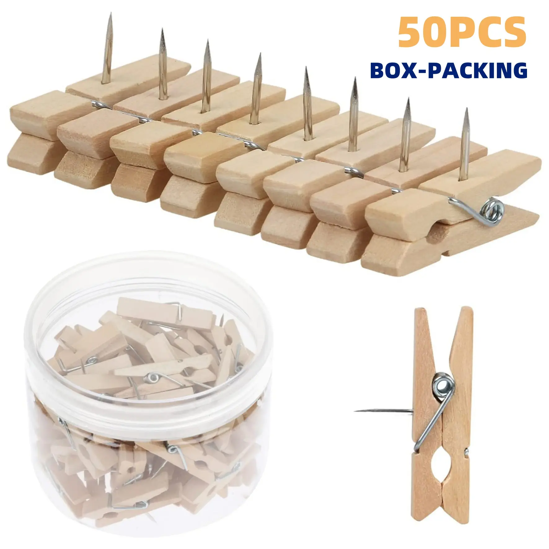 50 PCS Push Pin with Wooden Clips, Durable Wooden Push Pins, Decorative Pushpins Tacks Thumbtacks, Tacks for Cork Board Artworks Notes Photos, Craft Projects, Offices and Homes, Decorations
