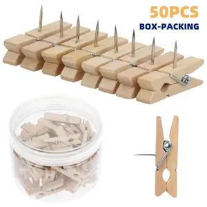 50 PCS Push Pin with Wooden Clips, Durable Wooden Push Pins, Decorative Pushpins Tacks Thumbtacks, Tacks for Cork Board Artworks Notes Photos, Craft Projects, Offices and Homes