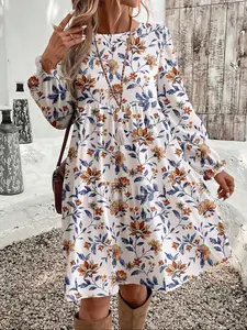 Women's Casual Loose-Fit Long Sleeve Dress, All over Print Round Neck Mid-Length Dress, Spring & Fall Fashion, Comfortable Daily Wear