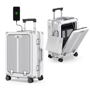 Airline Approved Carry On Luggage with Spinner Wheels, Wide Handle, Aluminum Framed Carry On Suitcase with Front Open Laptop Compartment/Cup Holder with USB Charging Port, 22×14×9 inch,  Large Checked-in Luggage(Black)