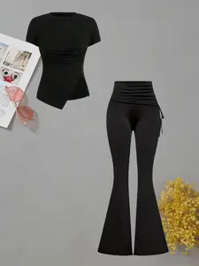 Women's trousers suit, small condensed irregular hem round neck short sleeves and drawstring high waist bell-bottom trousers suit, Fitted