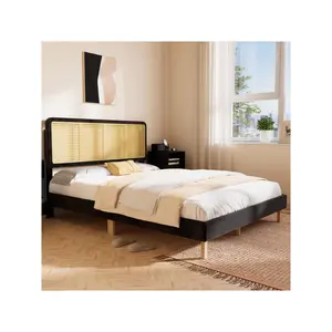 Bed Frame With Adjustable Rattan Headboard, Boho Platform Bed Frame With Sturdy Slats Support, No Box Spring Needed, Blac