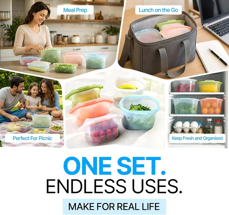 Reusable Silicone Food Storage Bags - Spliceable, Wide Opening, High-Temp, Leak-Proof, Airtight, Self-Standing Kitchen Preserving Containers for Fruit Storage, Fridge Organization & Food Hacks