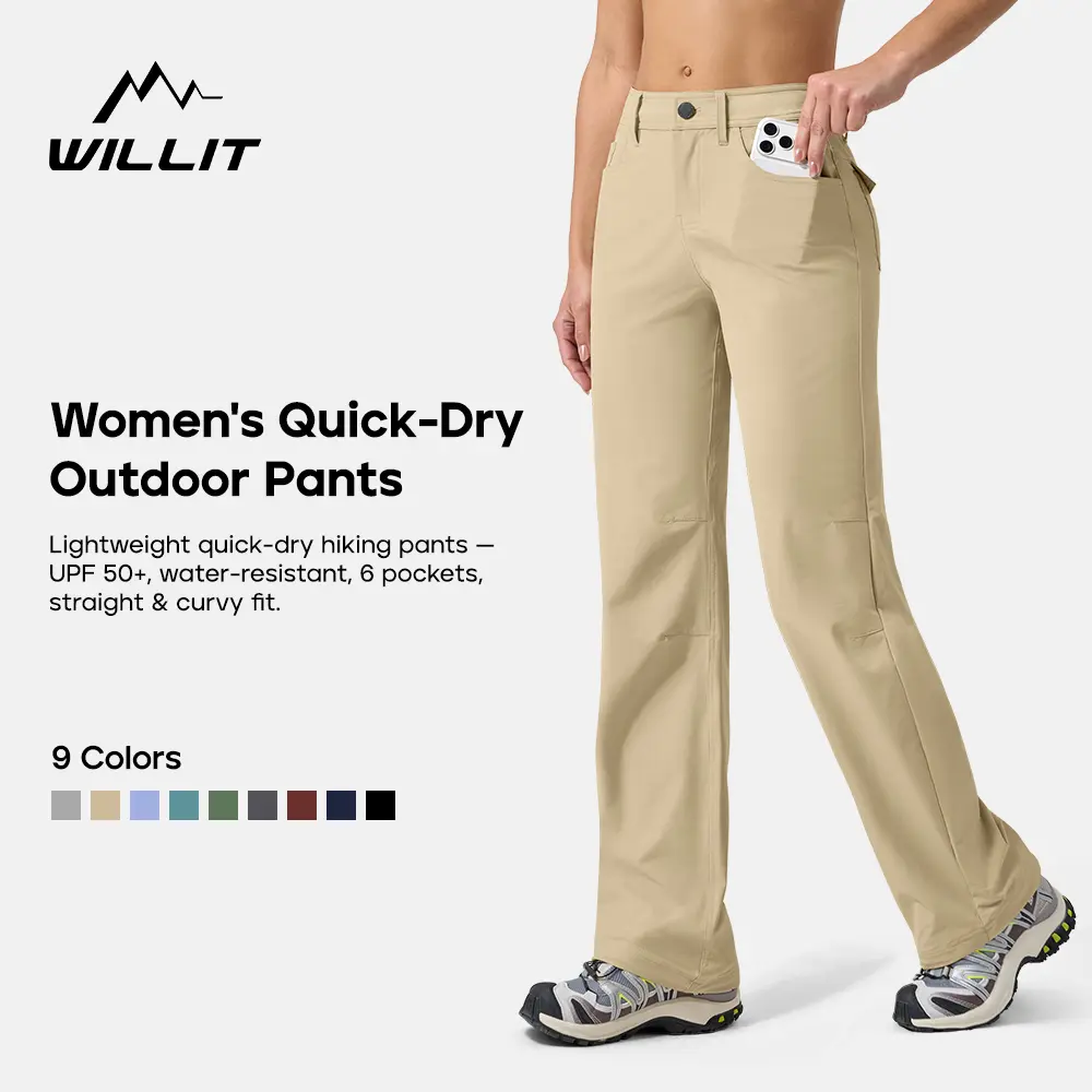 Willit Women’s Nylon Outdoor Bottoms - Basic Minimalist Quick-Dry UPF 50+ Stretch Pants with Pockets, Water-Resistant, Straight & Curvy Fit, 29"/31"/33" Travel Work Pants, Everyday