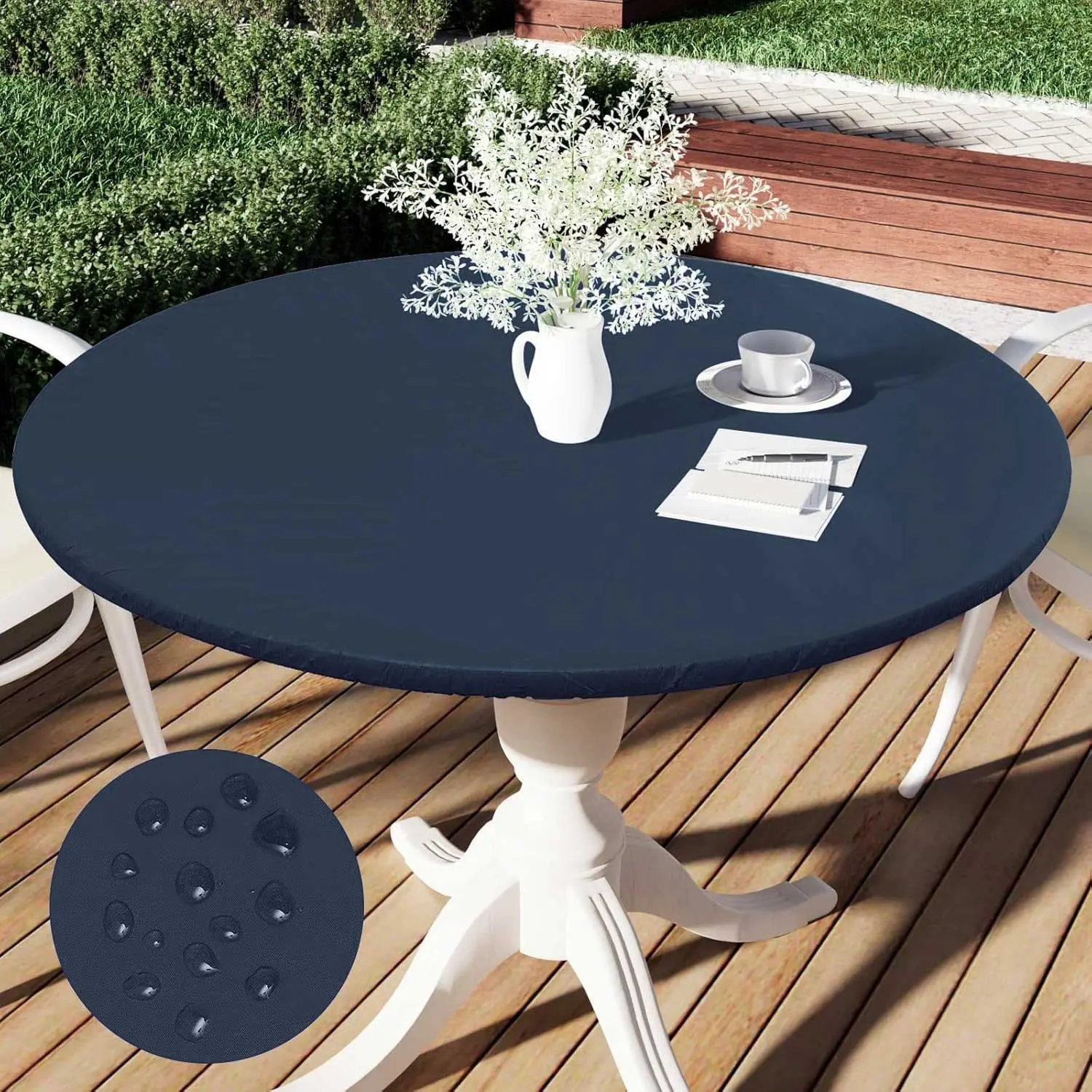 1pc Round Solid Table Cover, Vinyl Waterproof Oil-Resistant Easy-Clean, Non-Slip Tablecloth, Elastic Band Flannel Backing, Indoor Outdoor Use, Home, Washable Table Cover
