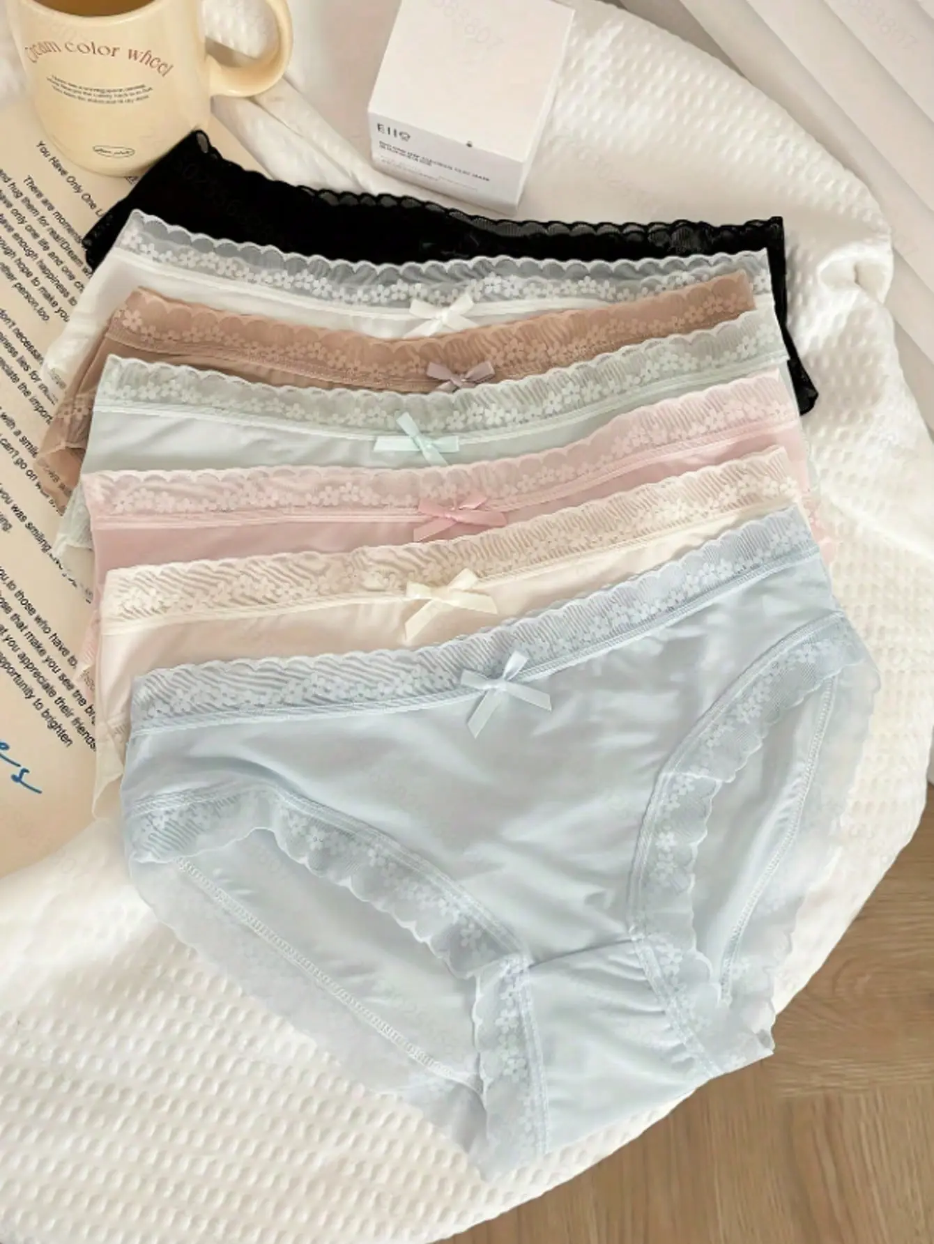 Women's Mid Waist Plain Floral Lace Briefs with Bow Accent - Casual, Comfy, Breathable Soft Intimates, Panties for Women