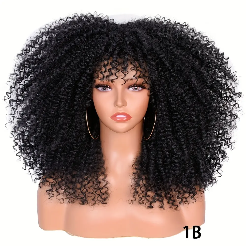 16 Inch Afro Curly / Kinky Synthetic Wig with Bangs - Suitable for Women and Men, Natural Hairstyle, Easy to Style, Ideal for Cosplay, Daily Wear and Special Occasions - Full Curly Hairstyle, Short Hair Wig, Event Hair Accessory, Wig Cap, Cosplay Enthusia