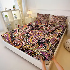 Luxury Exotic Paisley Fitted Sheet Set,Includes 1 Fitted Sheet & 2 Pillowcases,Retro Floral Print Bed Sheet Set,Deep Pocket Non-Slip Design,Soft Skin-Friendly Easy Clean,for Bedroom Dorm Guest Room Decor,Perfect Gift for Boho Home Lovers