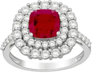 Cushion-Cut Ruby Ring with Double Halo of White Sapphire