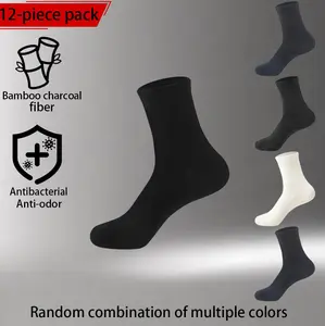 Men’s crew socks, bulk pack of 12 pairs; random assortment. Made from bamboo charcoal fiber—antibacterial, odor-resistant, breathable, soft, stretchy, and durable. Multicolor random combination; moisture-wicking all-season socks for men—ideal for business