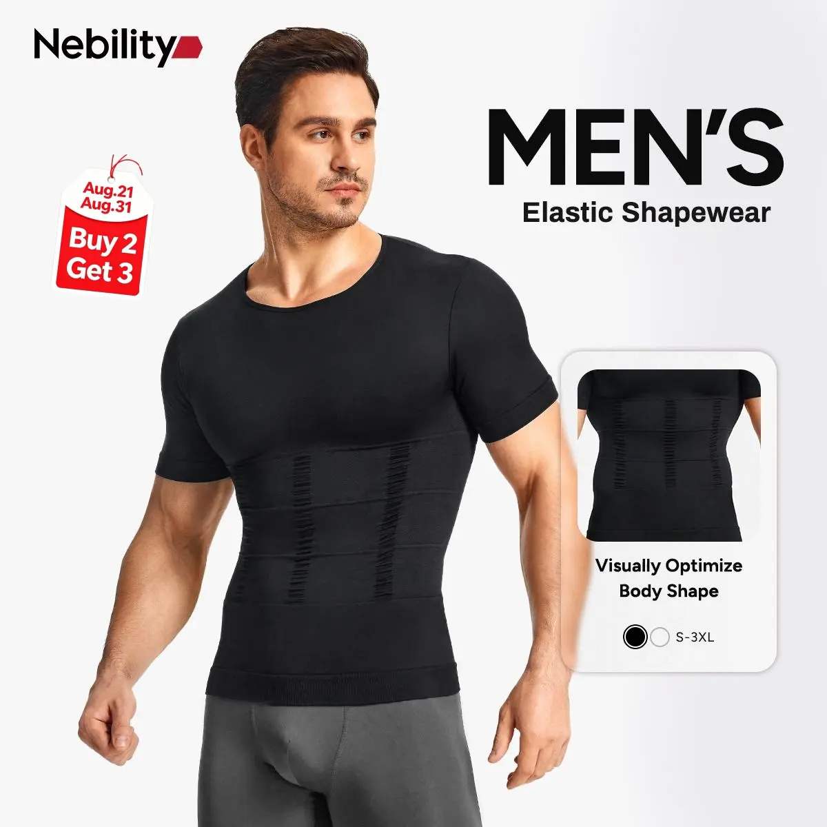 Nebility Men's Seamless Core Compression Shirt – Ab-Defining Muscle Look, Breathable Quick-Dry Slim Fit T-Shirt for Daily Wear & Gym