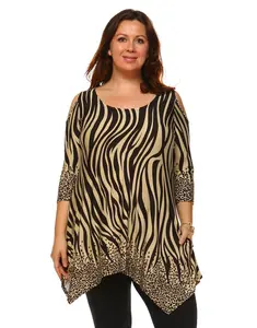 212 MAIN Women's Plus Size Striped Antonia Cut-Out Shoulders Tunic Clothes - Polyester-Spandex, Loose-Fitting, Round Neck, Casual, Black & Brown, 3XL, PS1305-01, Pair with Bottoms