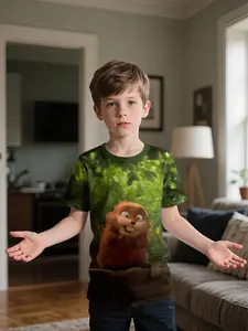 Morino Moe Otter Happy All-over Print Short-sleeve T-shirt, comfortable, casual, versatile, suitable for outer wear and daily outfits, 100% polyester, specially designed for energetic children, summer casual children's clothing, outdoor sports T-shirt