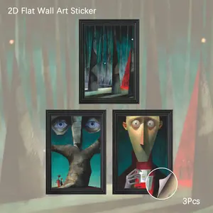 2D Flat Wall Art, 3Pcs PVC Self-Adhesive Framed Wallpaper Sticker, Surrealist Abstract Forest & Portrait Wall Decals, Mysterious Dark Aesthetic Decor for Living Room, Bedroom, Ideal for Art Lovers & Avant-Garde Fans