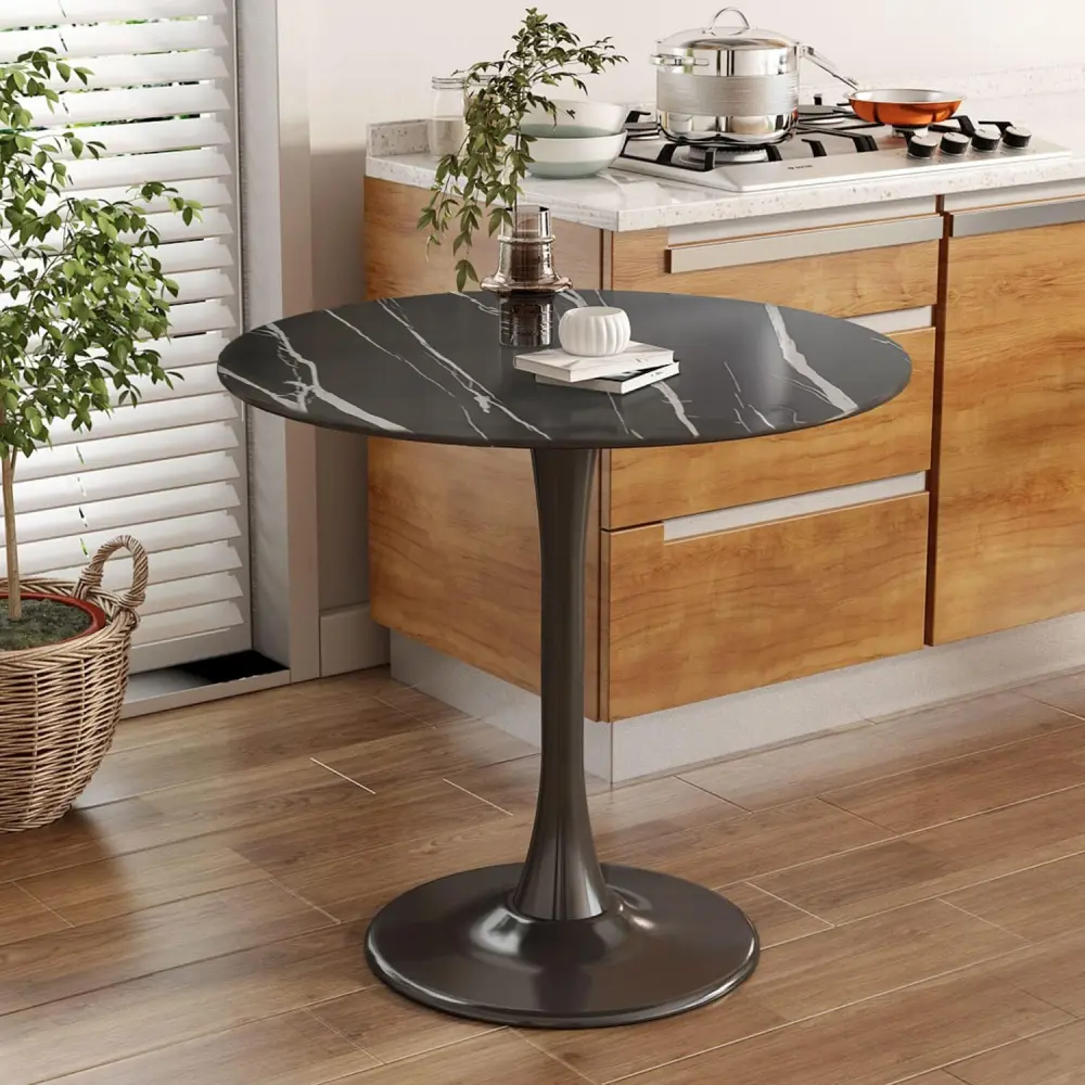 (Black Marble Color)Round Table, Modern Dining Table, Dining Table, MDF Top and Steel Base Tulip Round Kitchen Table, Kitchen Table, Mid Century Coffee Table for Living Room 24 Inch,Oval Dining Table(