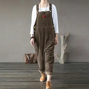 Women’s corduroy overalls, round bucket bib overalls with wide legs, women’s adjustable jumpsuit with pockets, black fit