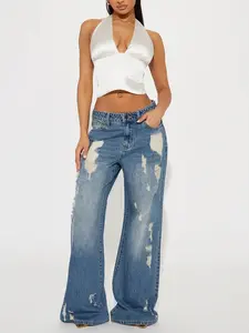 Kirbie Non Stretch Ripped Wide Leg Jean - Medium Wash