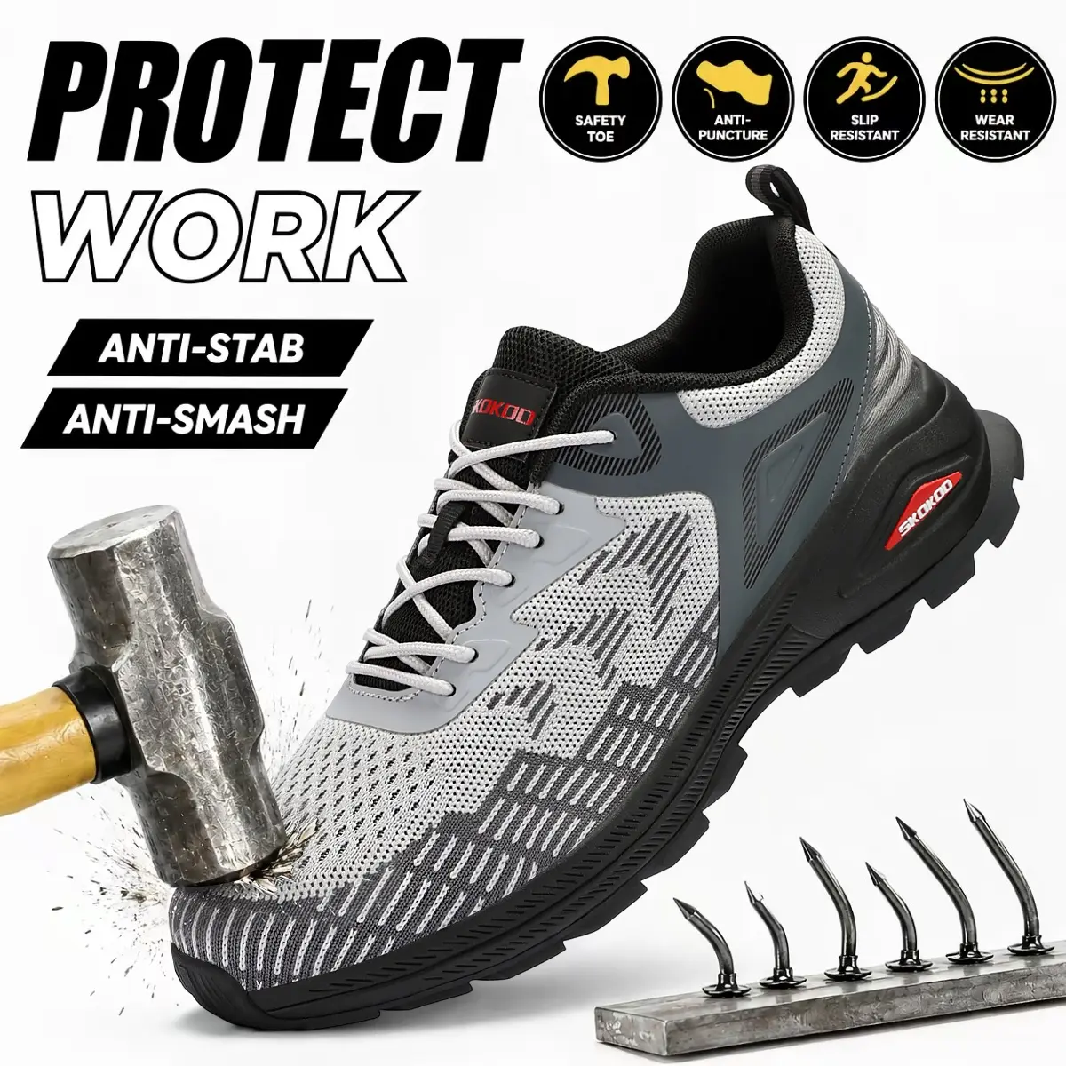SKOKOD Lightweight Steel Toe Shoes for Men Fashion Casual Work Safety Shoes Composite Toe Sneakers Construction Industrial Comfortable, Footwear, Closed tiktokshopspringglowup Black Worker
