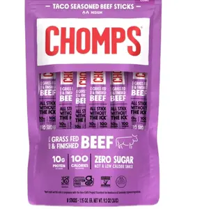 Chomps Grass-Fed and Finished Taco Beef Jerky Snack Sticks 12-Pack - Keto, Paleo, Whole30, 10g Lean Meat Protein, Gluten-Free, Zero Sugar Food, Non-GMO