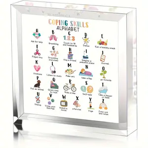 Coping Skill Alphabet Quotes Desk Decoration, Clear Acrylic Desktop Ornament, Office Desk Accessories, Teacher Gift Idea, Gift for Teacher Therapist Parents Counselor