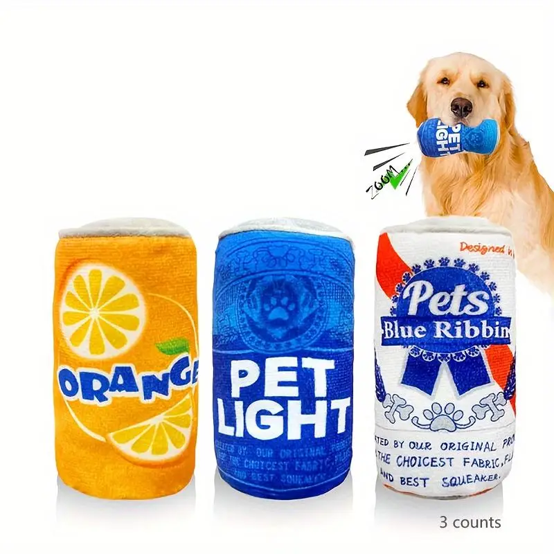 Soda Can Shaped Dog Squeaky Toy, 3 Counts/set Soft Plush Chew Toy, Squeeze with Squeaker for Medium & Small Dog, Pet Supplies