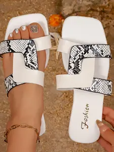 New Women's Snake Print Patched Flat Sandals, Summer Square Toe Open-Toe Slip-On Shoes, Fashion Non-Slip Beach & Outdoor Footwear
