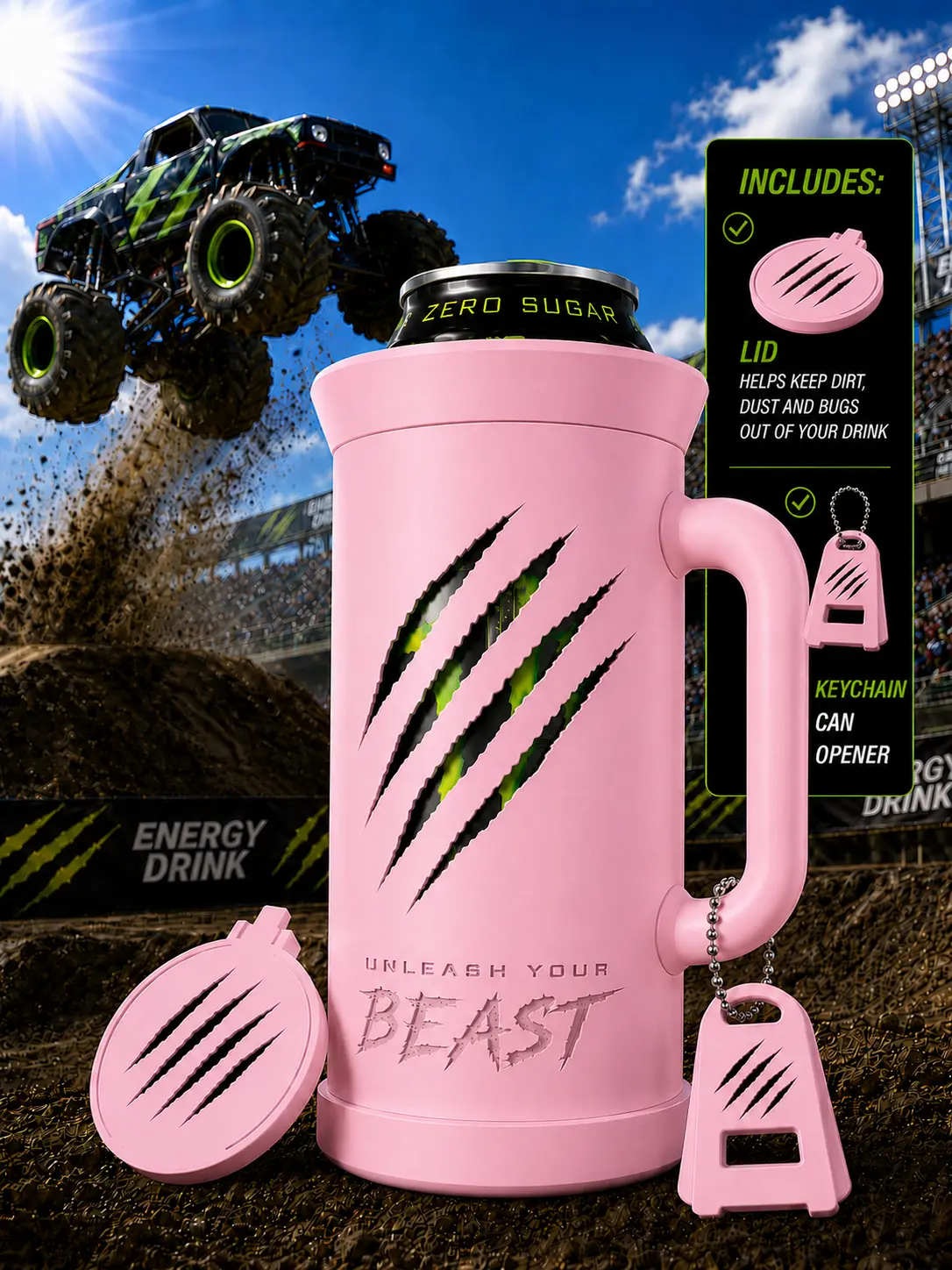 Unleash Your Beast 3D Printed 16oz Energy Drink Can Holder + Lid & Keychain Opener Included