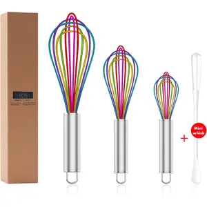 Whisk,Professional Whisks For Cooking Non Scratch,Stainless Steel &  Wisk,Plastic Rubber Whisk Tool For Nonstick Cookware,Silicon Wisks Set of 3,Rainbow,for Blending,Colorful.