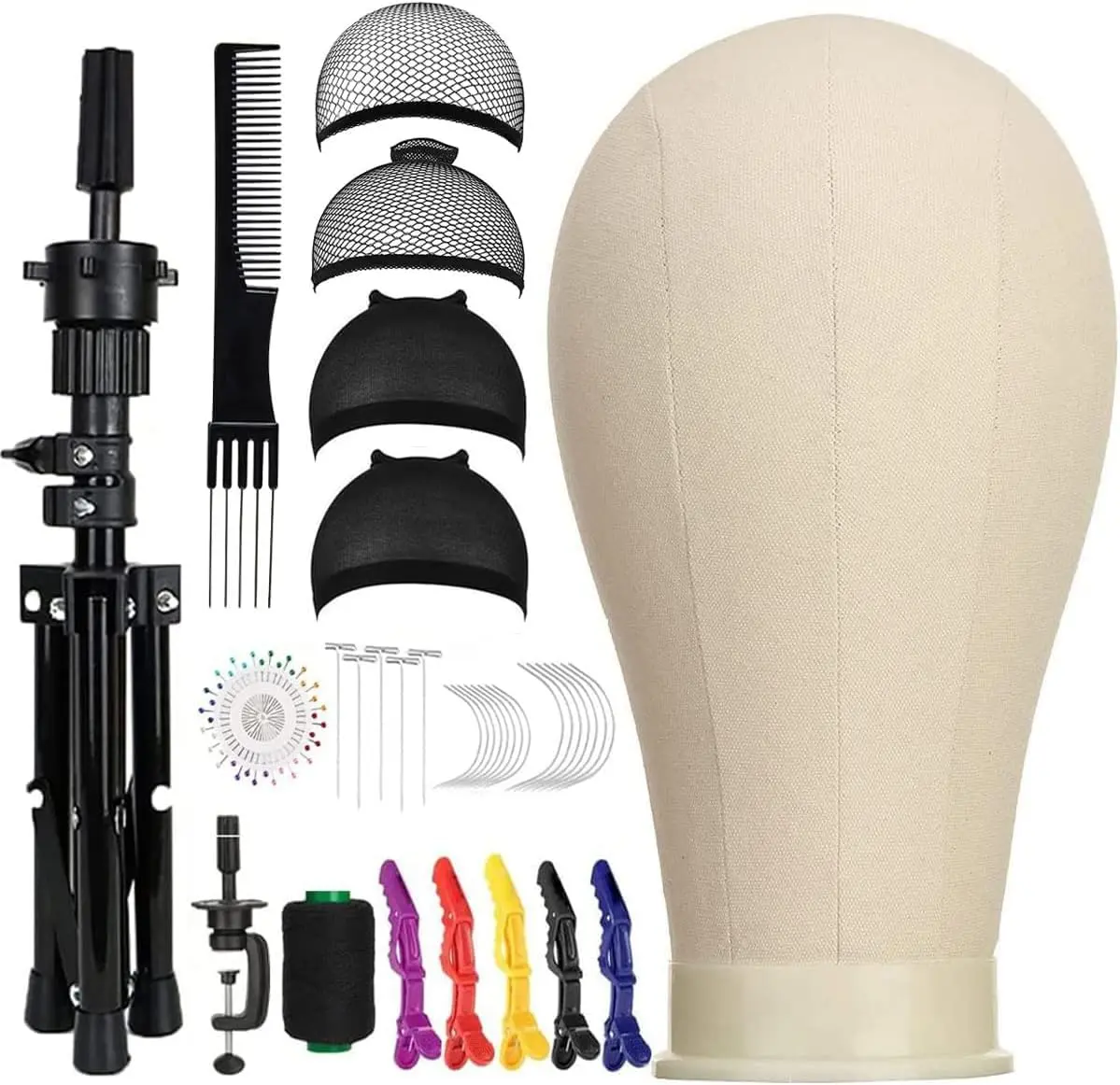 23 Inch Canvas Head for Wigs Making Display with Wig Caps, T Pins, C Bristle Brush