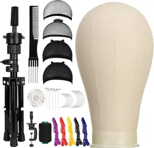 23 Inch Canvas Head for Wigs Making Display with Wig Caps, T Pins, C Bristle Brush