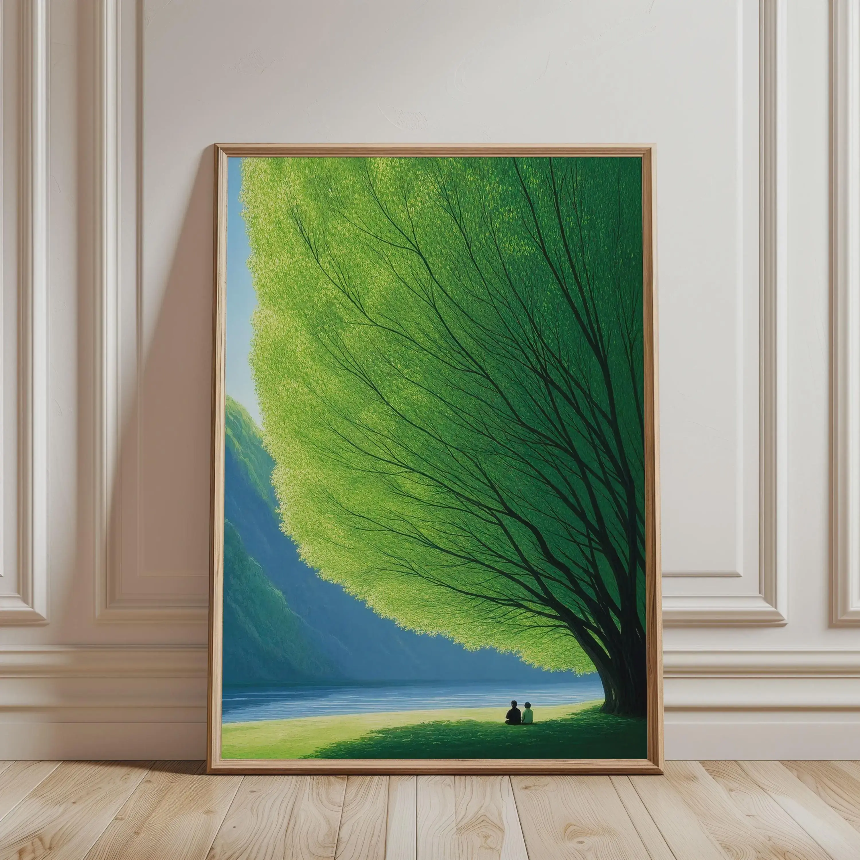 Nature Wall Art – Peaceful Couple Under Green Tree Print, Landscape Mountain Art for Bedroom, Serene Lake Poster, Minimalist Calm Wall Decor
