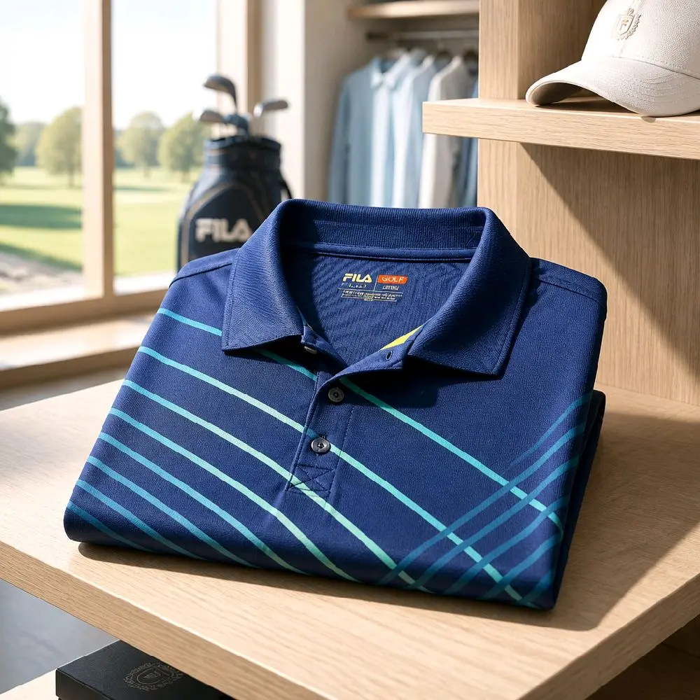 Fila Sport Men's Large Navy Polo Geometric Stripe Short Sleeve Golf Shirt 5023