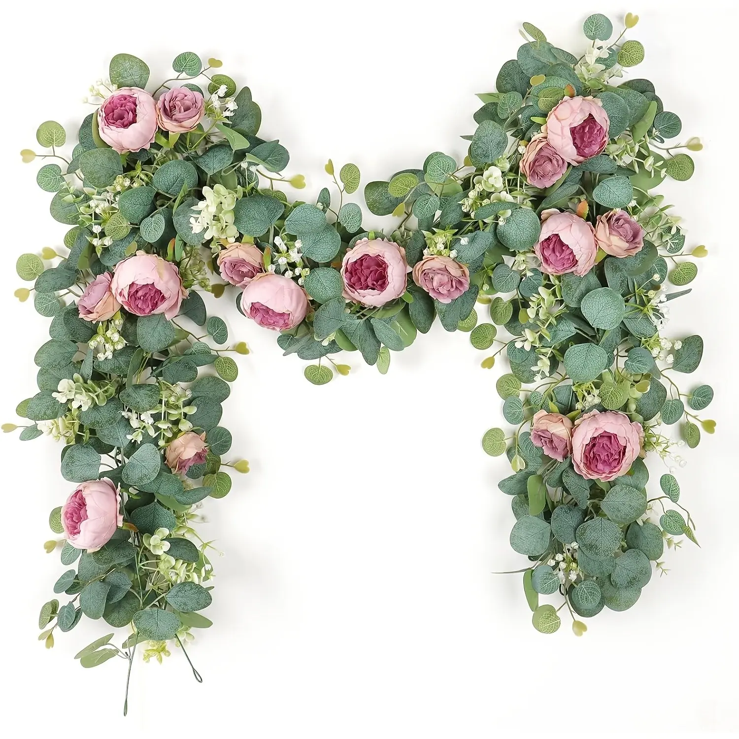 2pcs  Artificial Rose & Peony Garland with Green Foliage | Elegant Wedding Arch, Valentine'S Day, Party Decorations, Floral Hanging Decoration - Burgundy/Pink/White/Peach Floral Garland with Lush Eucalyptus Leaves - Durable Plastic Flowers for Indoor