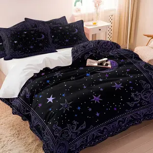 Dark Starry Magic Duvet Cover Set, 1 Duvet and 1-2 Coreless Pillowcases, Black Base & Purple Blue Star and Moon, Constellation Symbols, Soft Comfortable, Gothic Romantic Bedroom Decor, Gift Idea