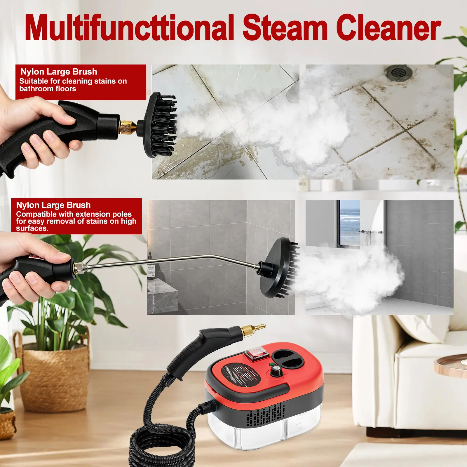 Gray Handheld Portable Pressurized Steam Cleaner with Handheld Grip - 6-Level Adjustable, 15s Heat-Up, 14-Piece Accessories for Tile Cleaning, Grout Surfaces, High Heat and Pressure Portable Steamer, Chemical-Free