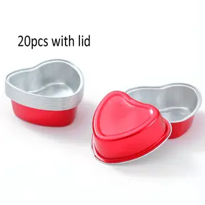20pcs Heart-Shaped Cake Cups with Lid, Food Grade Safe Baking Containers, Aluminum Foil Boxes for Pudding Cakes, Ideal for Packaging